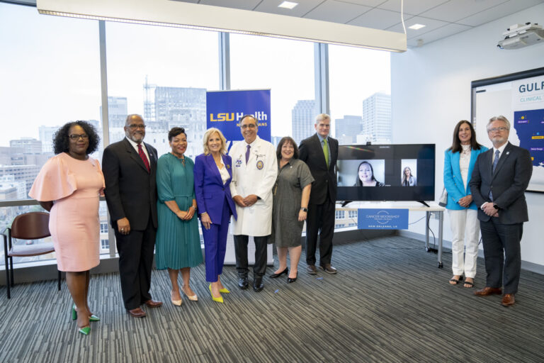 Left to right: Rep. Delisha Boyd (D-La), Rep. Troy Carter (D-La.), Mayor Latoya Cantrell, First Lady of the United States Dr. Jill Biden, Deputy Director or LSU-LCMC Cancer Center Dr. Augusto Ochoa, LSU Health New Orleans Clinical Trials Network Manager Eileen Mederos, U.S. Sen. Bill Cassidy (R-LA), Memorial Health System Clinical Research Nurse Coordinator Jennifer Gex, Memorial Health System Oncologist Dr. Pam Tuli, Dr. Laura Cassidy, and Louisiana Cancer Research Center Director and CEO Joe Ramos, Ph.D.